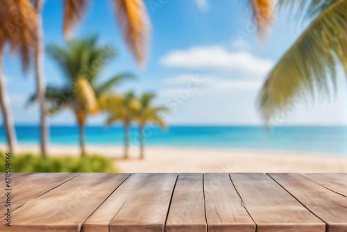 Empty Wooden Table with Blurred Beach and Palm Trees in The Background