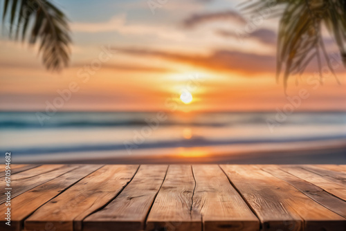 Empty Wooden Table with Blurred Beach and Palm Trees in The Background at Dawn or Dusk