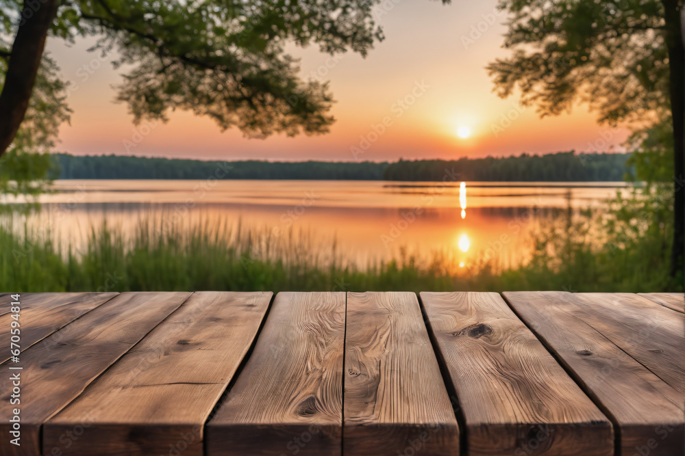 Empty Wooden Table with Lake and Forest Background at Dawn or Dusk