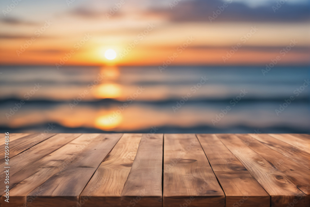 Empty Wooden Table with Blurred Sea Scape Ocean Background at Dawn or Dusk Empty Wooden Table with Blurred Sea Scape Ocean Background at Dawn or Dusk