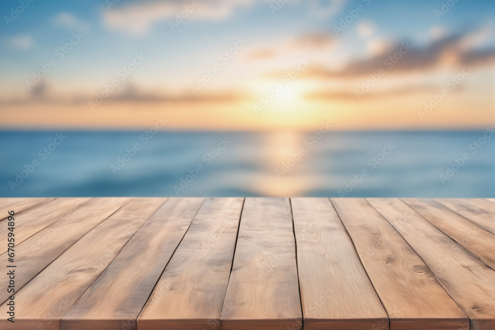 Empty Wooden Table with Blurred Sea Scape Ocean Background at Dawn or Dusk Empty Wooden Table with Blurred Sea Scape Ocean Background at Dawn or Dusk