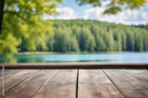 Empty Wooden Table with Lake and Forest Background