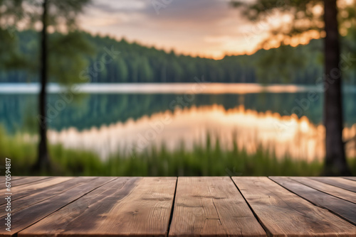 Empty Wooden Table with Lake and Forest Background at Dawn or Dusk © Reytr