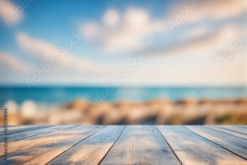 Empty Wooden Table with Blurred Sea Scape Ocean Background