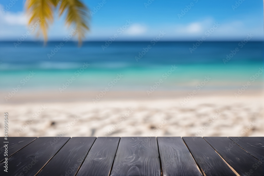 Fototapeta premium Empty Black Wooden Table with Blurred Beach Background