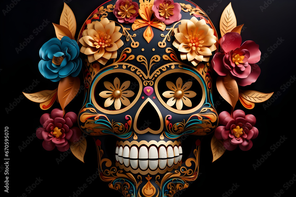 A 3D Sugar Skull Adorned with Floral Ornaments Set on a Mysterious Black Background. Celebrating Mexico's Day of the Dead (Dia de Los Muertos) with Artistry and Tradition