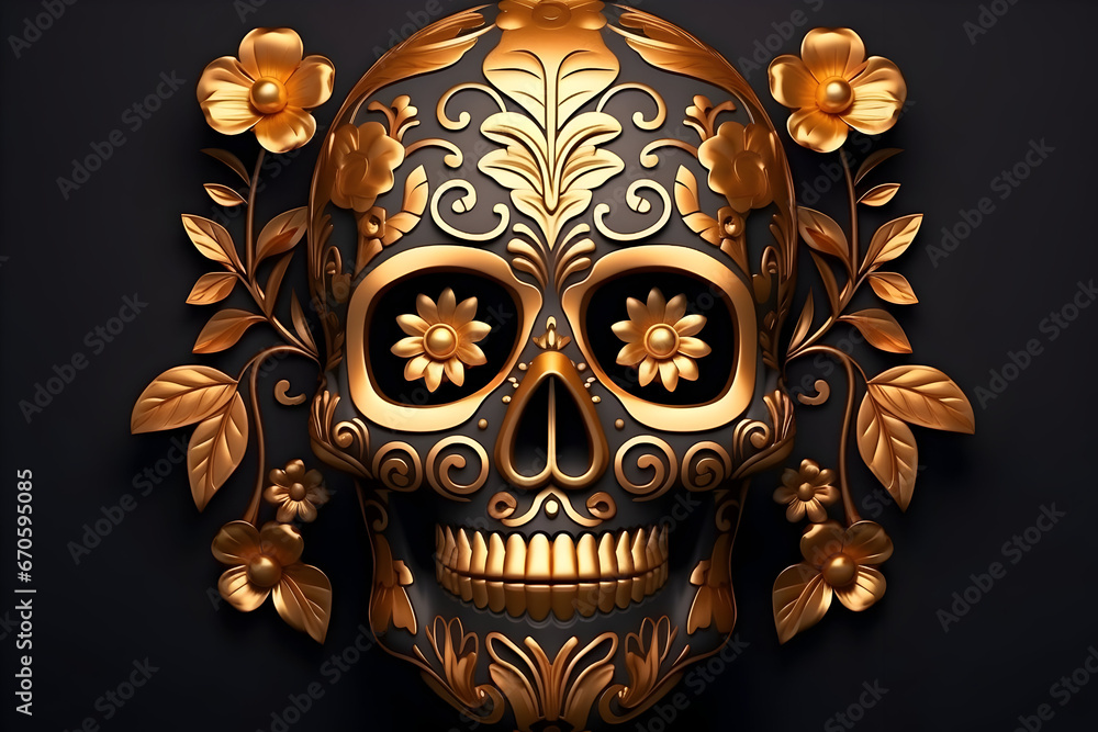 A 3D Sugar Skull Adorned with Floral Ornaments Set on a Mysterious Black Background. Celebrating Mexico's Day of the Dead (Dia de Los Muertos) with Artistry and Tradition A 3D Sugar Skull Adorned with Floral Ornaments Set on a Mysterious Black Background. Celebrating Mexico's Day of the Dead (Dia de Los Muertos) with Artistry and Tradition
