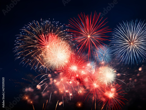 Illustration of colorful fireworks bursting in a dark blue night sky, illustrated in a vibrant, festive display.