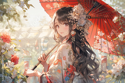 An ancient girl holding an oil-paper umbrella, a beautiful cartoon illustration of an ancient costume character