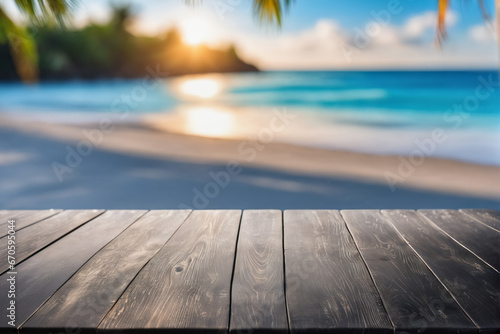 Empty Black Wooden Table with Blurred Beach Background at Dawn or Dusk