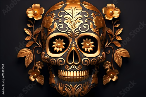 A 3D Sugar Skull Adorned with Floral Ornaments Set on a Mysterious Black Background. Celebrating Mexico's Day of the Dead (Dia de Los Muertos) with Artistry and Tradition