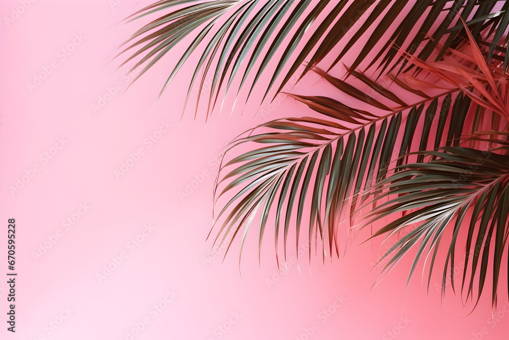 Blurred Palm Leaves Cast a Delicate Pattern on a Pink Wall, Creating a Minimal Abstract Background Ideal for Product Presentation, Emanating the Feel of Spring and Summer