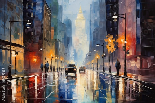 Urban street after the rain, cityscape acrylic painting with broad brushstrokes