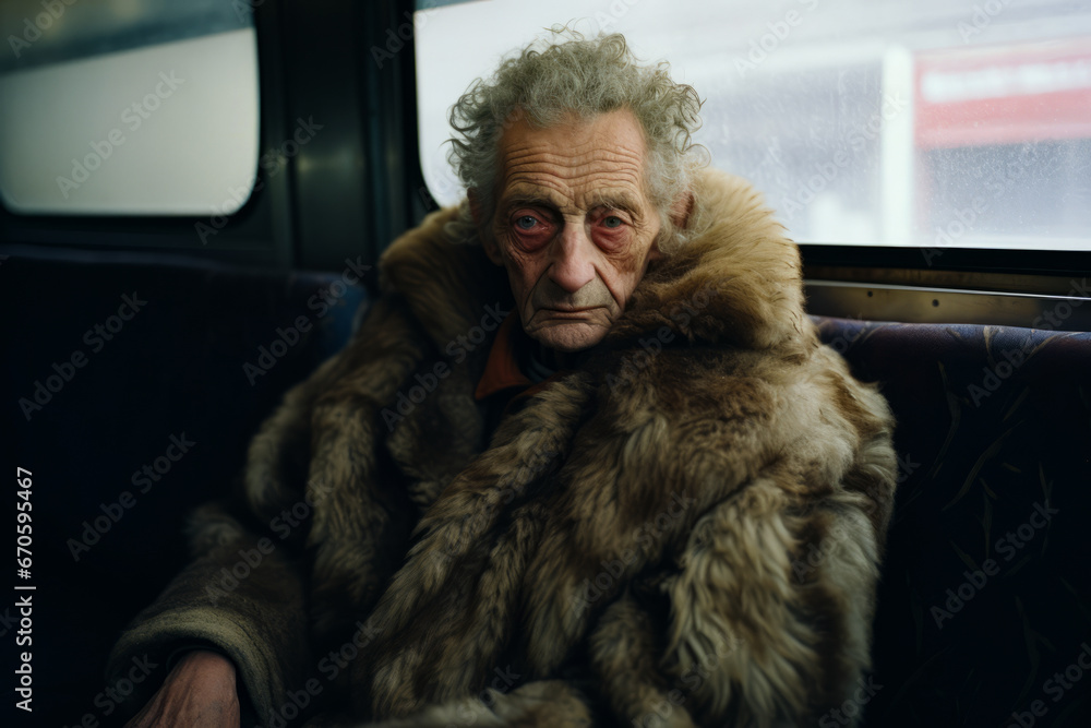 Old man in fur coat sitting on bus. Old man in fur coat sitting on bus.