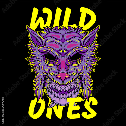 Aggressive demon beast head in colorful style vector illustration