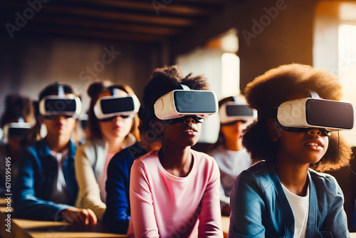 Group of people wearing virtual glasses in classroom with woman sitting in front of them.