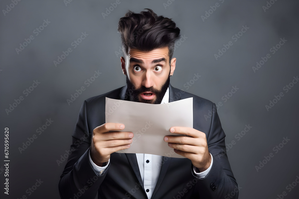 A Confused and Disappointed Businessman, Hand in Hair, Reads an Email Over His Laptop on a Gray Background, Reflecting the Challenges of the Digital Age A Confused and Disappointed Businessman, Hand in Hair, Reads an Email Over His Laptop on a Gray Background, Reflecting the Challenges of the Digital Age