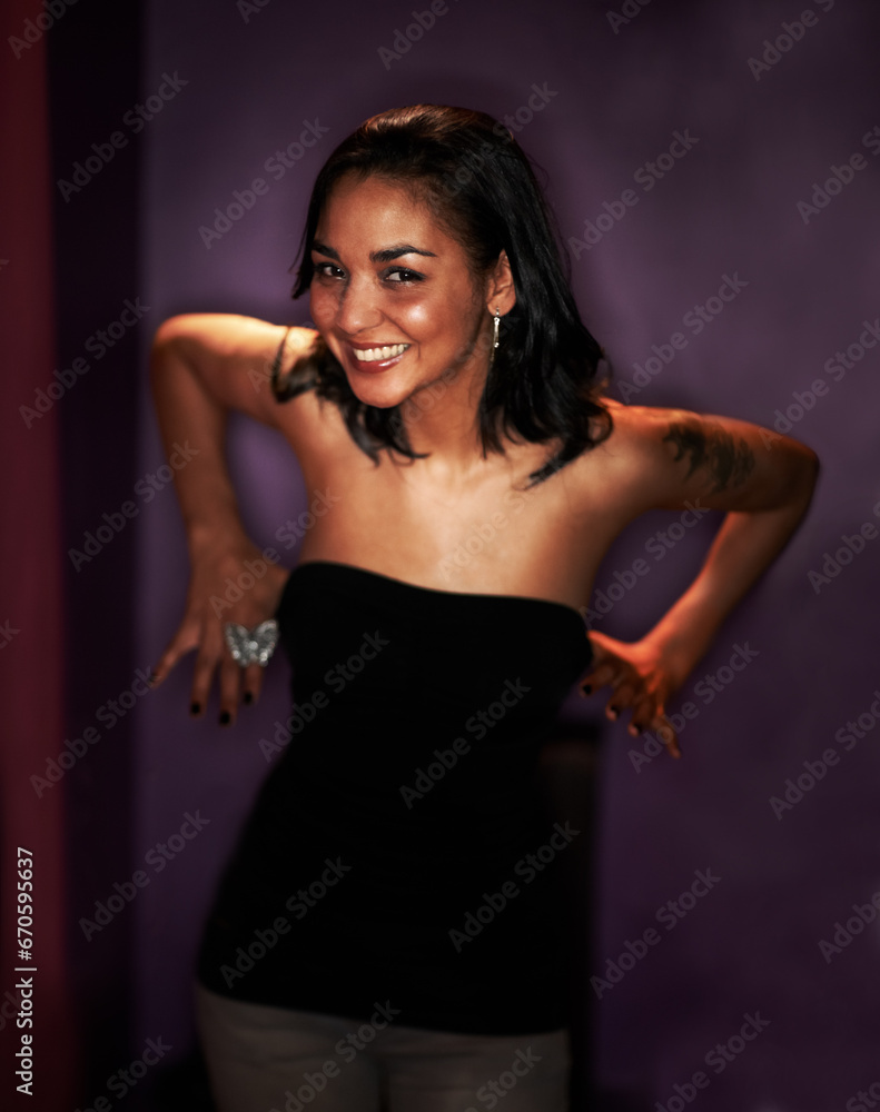 Woman, smile and happy in portrait at nightclub, energy and excited by wall. Mexican female person, positive and crazy at event, party and fun or fashion, cool and trendy or stylish clothing in dark Woman, smile and happy in portrait at nightclub, energy and excited by wall. Mexican female person, positive and crazy at event, party and fun or fashion, cool and trendy or stylish clothing in dark