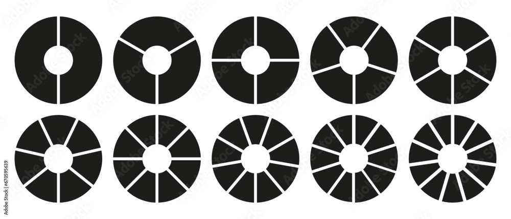 Circle division on 2, 3, 4, 5, 6, 7, 8, 9, 10, 11 equal parts. Wheel round divided diagrams with two, three, four, five, six, seven, eight, nine, ten, eleven segments. Infographic set. Coaching blank. - obrazy, fototapety, plakaty 