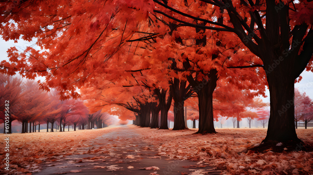 Adorn your screen with the grandeur of autumn as towering trees explode in fiery shades of red, orange, and yellow. This highly detailed background invites you to experience the epic beauty.