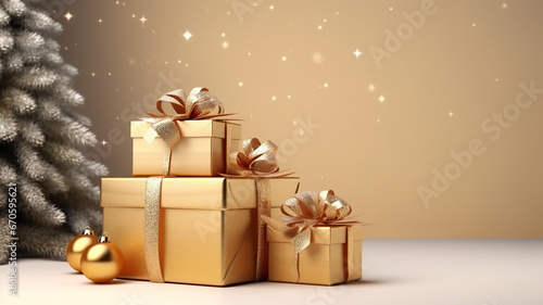 Beautiful golden gift boxes and decorative Christmas tree