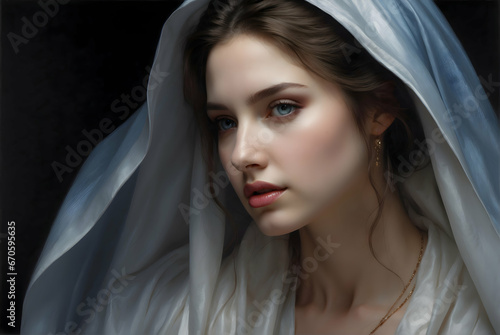 Portrait of a beautiful young woman wearing white clothes and blue veil 