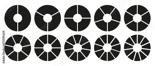 Circle division on 2, 3, 4, 5, 6, 7, 8, 9, 10, 11 equal parts. Wheel round divided diagrams with two, three, four, five, six, seven, eight, nine, ten, eleven segments. Infographic set. Coaching blank.