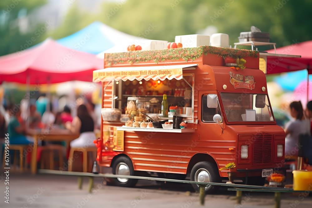 A Food Truck Brings Culinary Delights to the Heart of the City, Creating a Festive Atmosphere. Selective Focus Highlights the Delicious Offerings