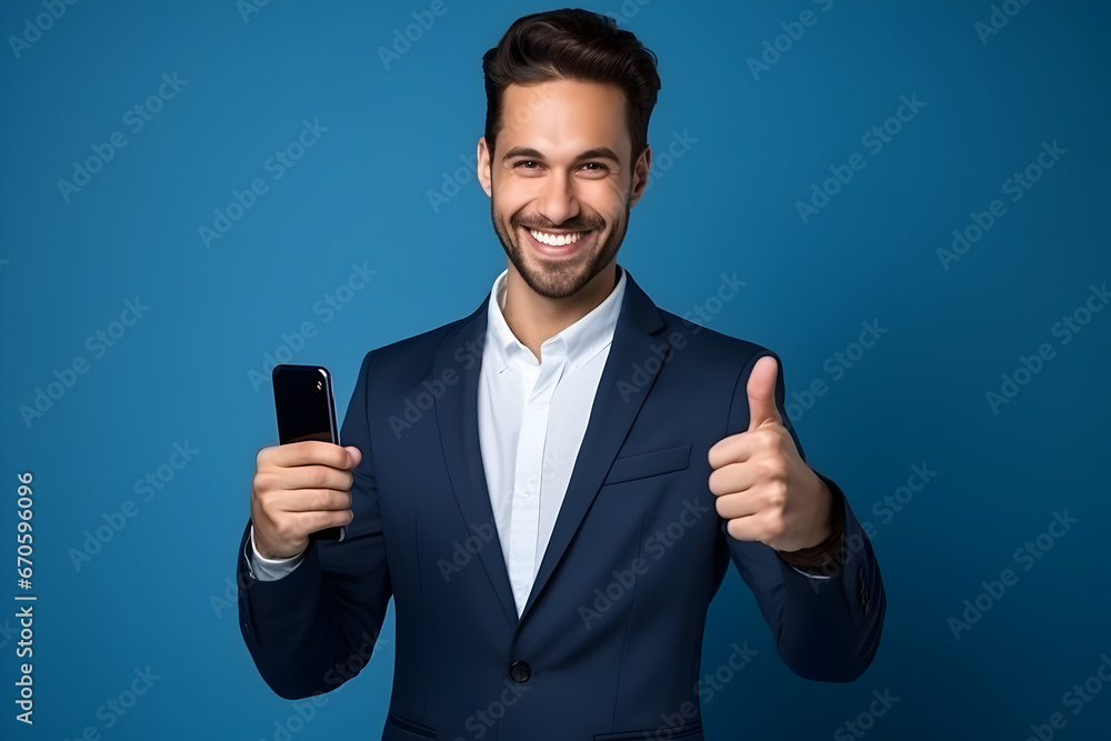 The Portrait of a Handsome and Cheerful Male Professional Chief Wearing Glasses and an Elegant Suit. He Gazes at the Camera with a Happy, Cheerful Smile, Posing Against a Stylish Isolated Blue Backgro The Portrait of a Handsome and Cheerful Male Professional Chief Wearing Glasses and an Elegant Suit. He Gazes at the Camera with a Happy, Cheerful Smile, Posing Against a Stylish Isolated Blue Backgro
