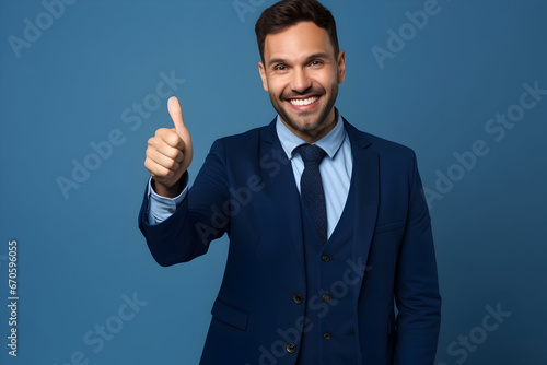 A Confident Salesman Points at a Product with Ample Copy Space, Creating a Persuasive Pitch on a Clean Blue Background