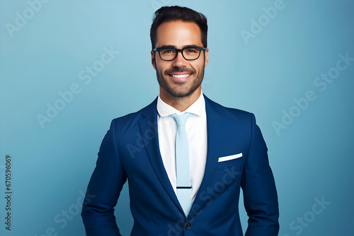 The Portrait of a Handsome and Cheerful Male Professional Chief Wearing Glasses and an Elegant Suit. He Gazes at the Camera with a Happy, Cheerful Posing Against a Stylish Isolated Blue Background © Asiri
