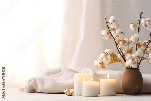 A Stylish Arrangement with Cotton Flowers and Aroma Candles  Set Against a Softly Lit Wall. The Perfect Banner for Design Inspiration