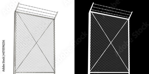 3D rendering illustration of a chain-link fence with barbed wire