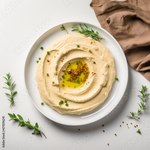 Classic hummus with herbs, olive oil in a vintage ceramic bowl flat lay