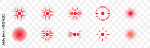Radial pain circles red icon set. Painful target mark  isolated vector