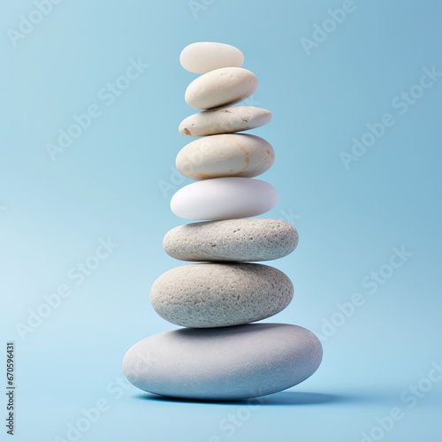 Balanced stack of white zen stones, blue background photo