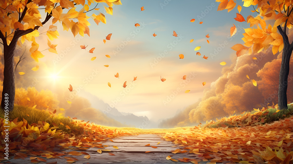 autumn landscape with trees,Colorful Trees and falling  Yellow Leaves,AI Generative 