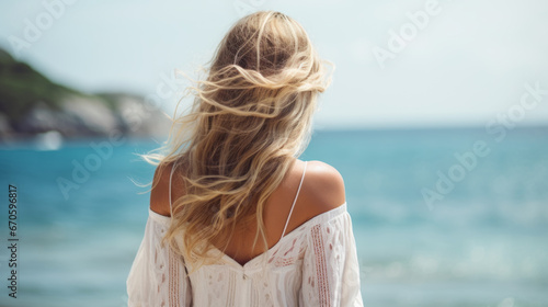 Young  woman in summer white dress standing on beach and looking to the sea © Natalia Klenova