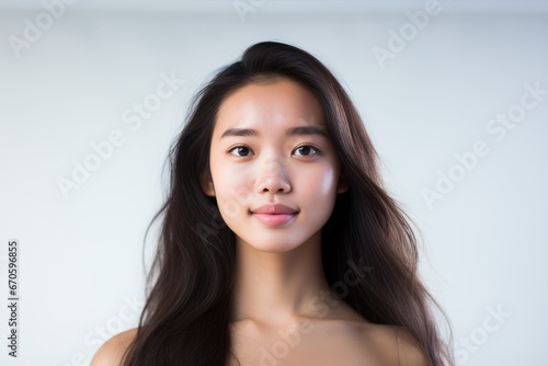 Photo of a graceful Asian lady with an expressive face, her emotions shining on a white clean background. Generative AI