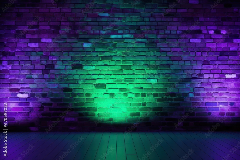 Brick Wall Purple Green Neon Lighted Vibrant Concept Generative AI