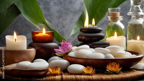 Massage stones, spa concept candles