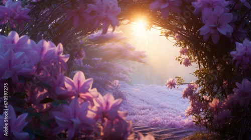 Morning dew glistening on petals inside a tunnel of lilacs  reflecting the soft colors of dawn.