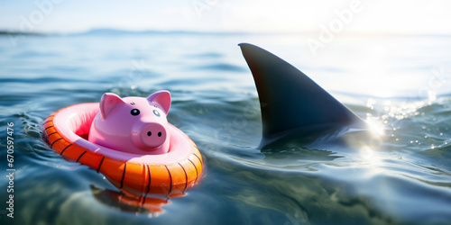 Pink piggy bank in a buoy trying to protect his savings from a shark attack - Concept of investment failure, financial risk, debt problem, bankruptcy, economy crisis photo