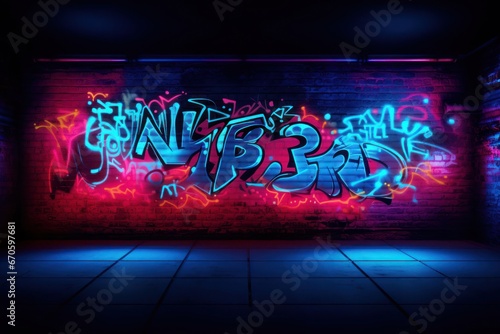 Brick Wall Red Blue Neon Light Artwork Vibrant Background Generative AI