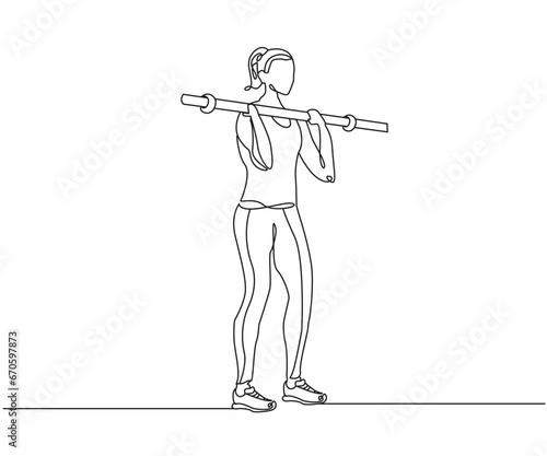 Squat to Overhead Press with a Barbell exercise Line Drawing isolated on copy space white background, Overhead Squat exercise editable vector illustration, Continuous one line drawing, Raise The Bar