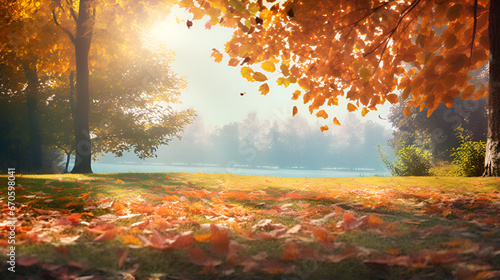 autumn forest in the morning,Enchanting Autumn Fall Landscape,AI Generative 