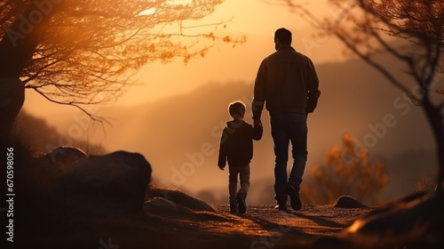 Silhouette photo of father holding his son hand walking together in nature with sunset and mountain scene landscape. Parent and children bonding relation nature learning concept. Generative AI	
