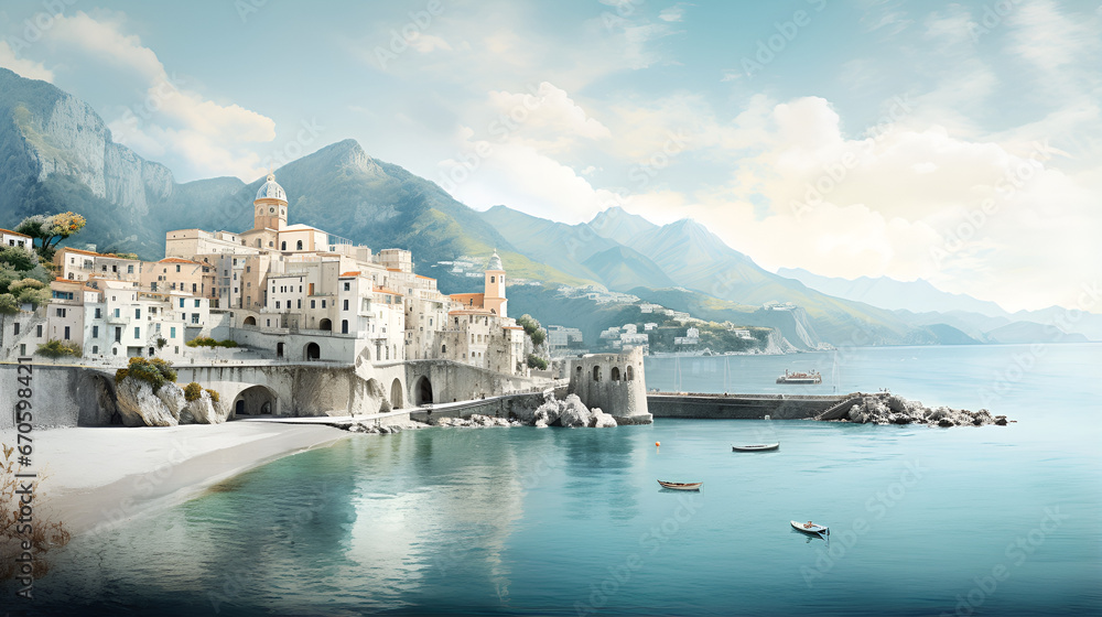 Seaside Serenity with Mountain View,Morning view of city scape on coast line of mediterranean sea,AI Generative 