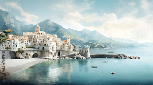 Seaside Serenity with Mountain View,Morning view of city scape on coast line of mediterranean sea,AI Generative 