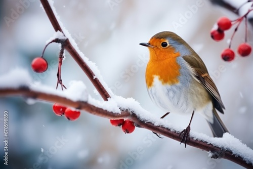 A vibrant red-breasted robin perched on a frosty, snow-covered branch, surrounded by the serene beauty of a winter landscape during Christmas time © aicandy
